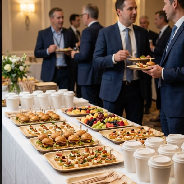 Guests in suits with plates at a corporate reception, beside a buffet table of sliders, canapés and fruit platters