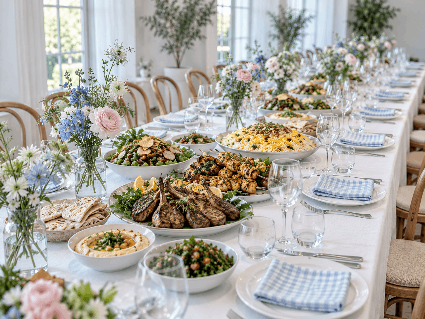 Wedding banquet table set with white linen, glass vases of flowers and shared platters