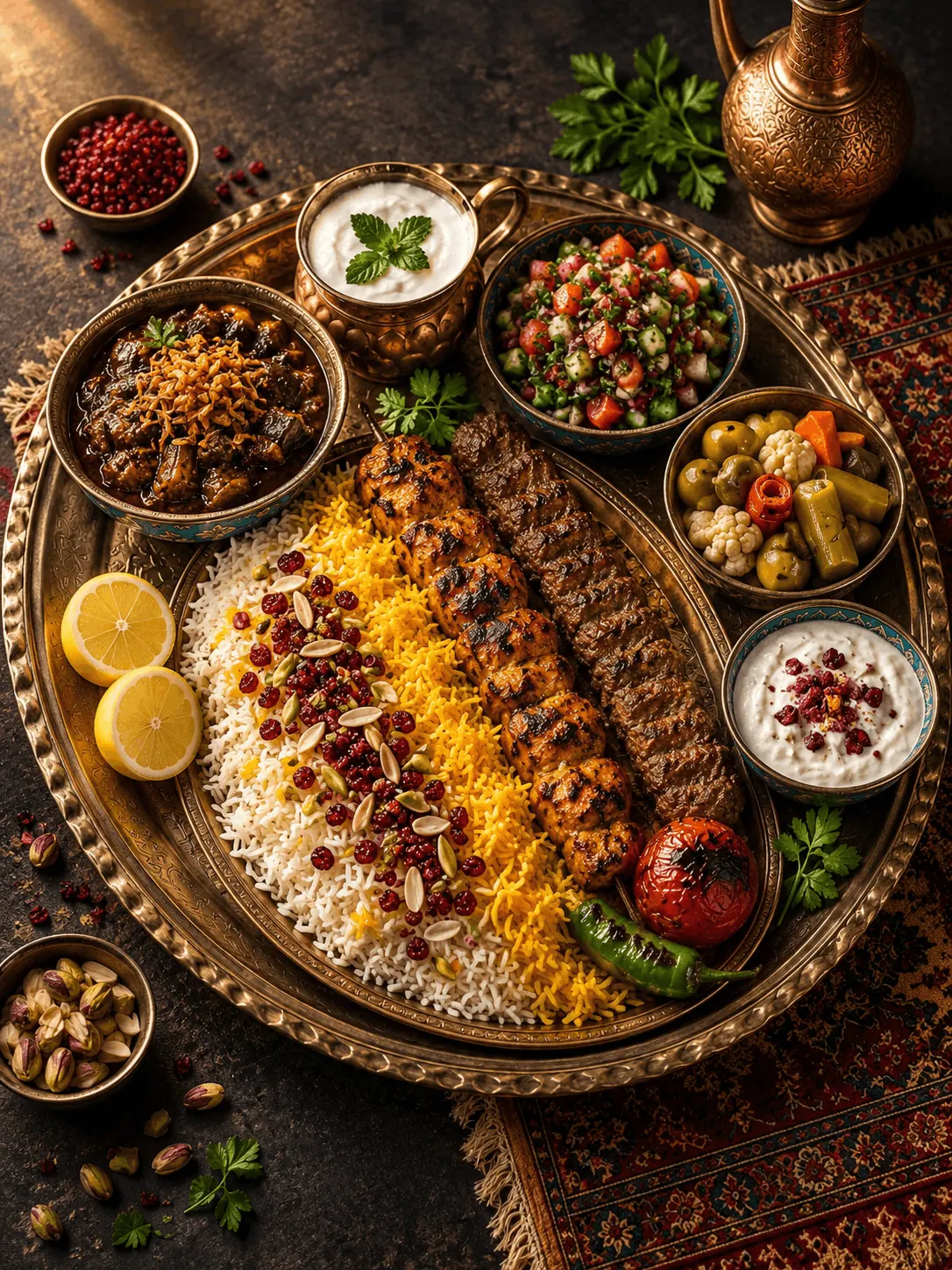Arabic mixed grill with saffron rice on a brass platter at King Chef Dubai
