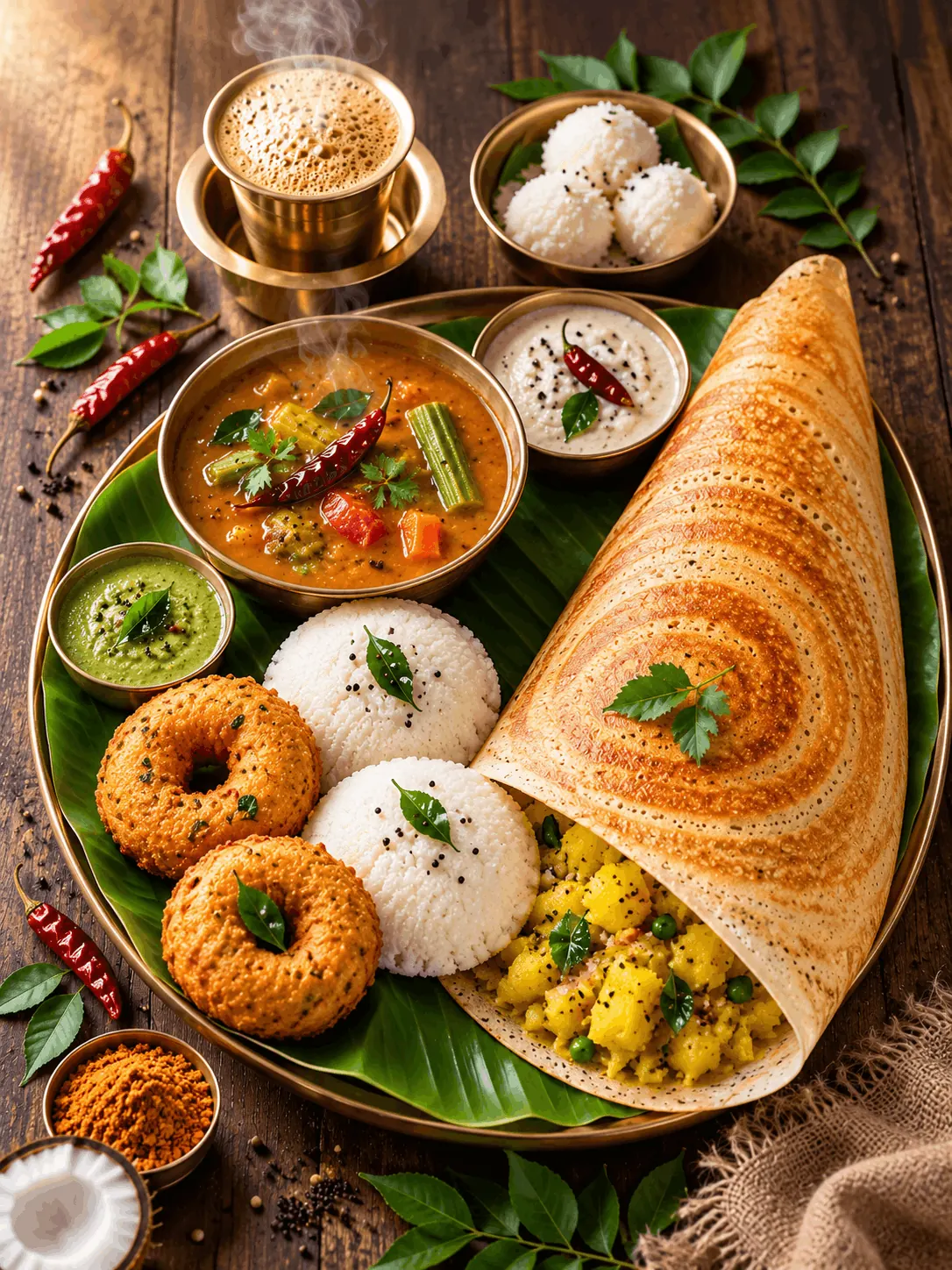 South Indian vegetarian breakfast on a banana-leaf-lined brass platter at King Chef Dubai