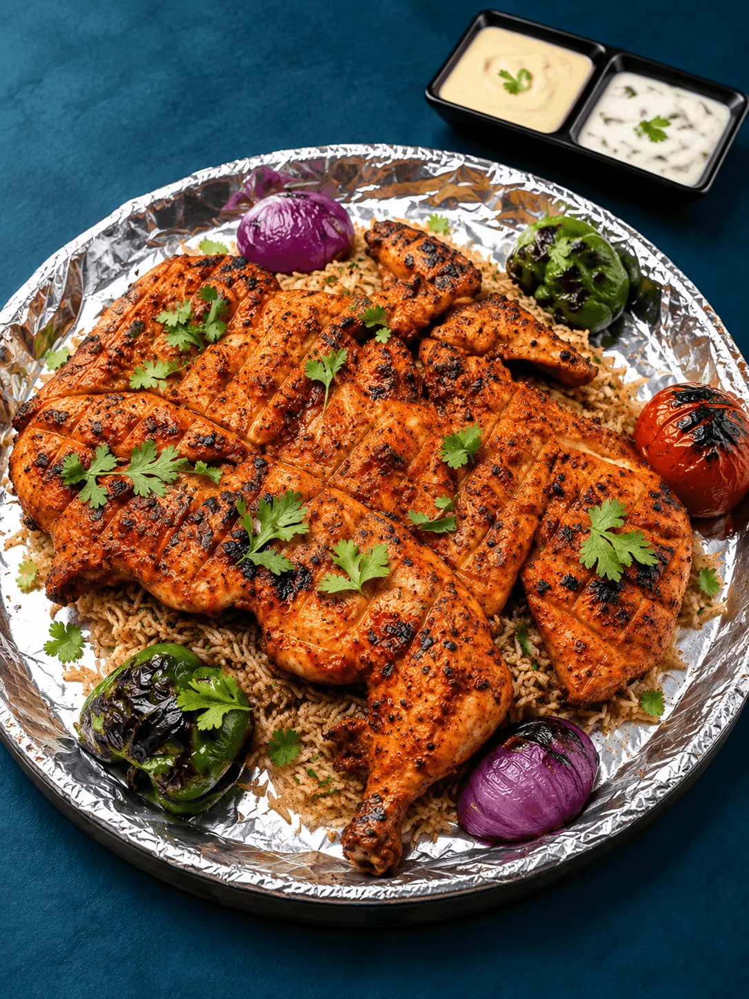 Charcoal grilled chicken with flatbread, hummus and broth