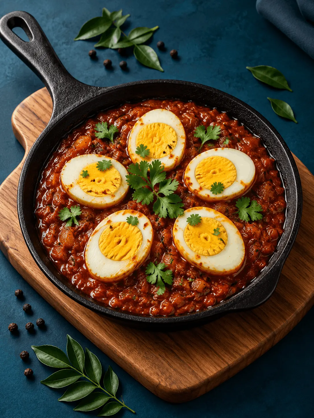 Halved eggs in a thick red masala, served in a cast-iron skillet
