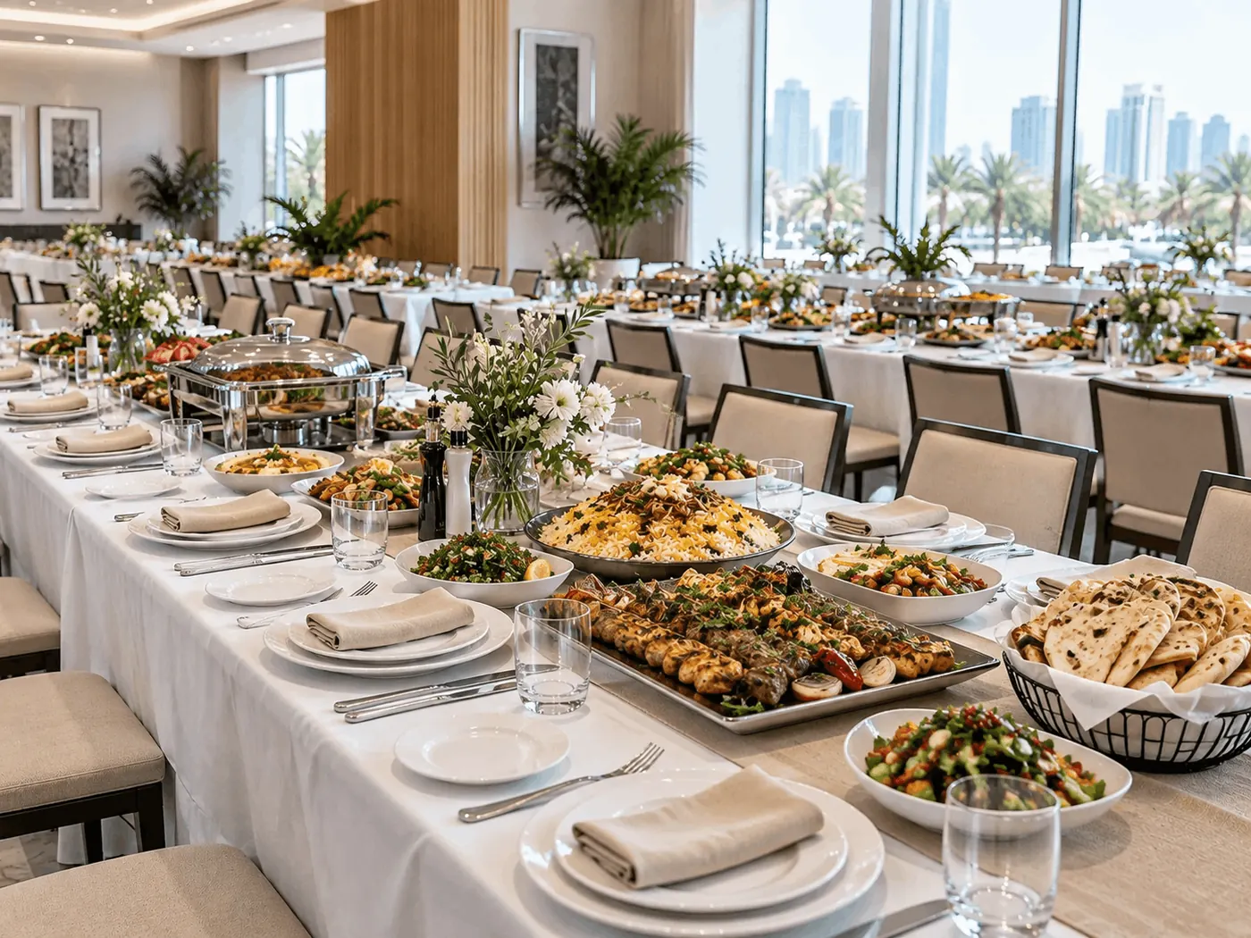 King Chef event buffet with trays of rice and grilled meats in chafing dishes beside salads and bread
