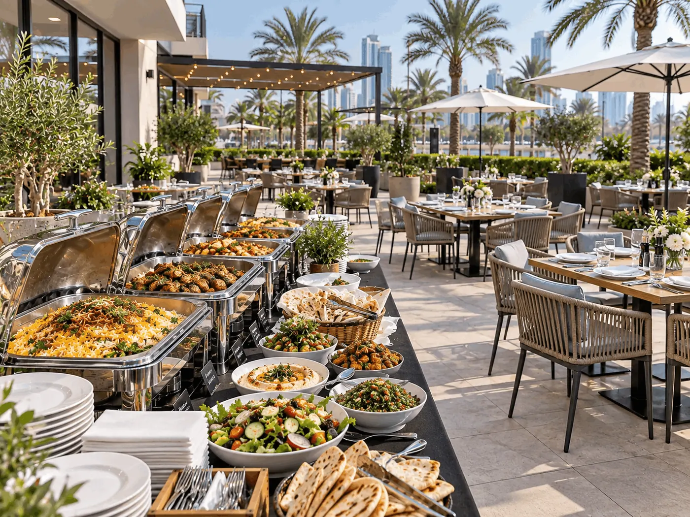 Long catering buffet at a King Chef event under shade sails, with chafing dishes, salads and plated breads