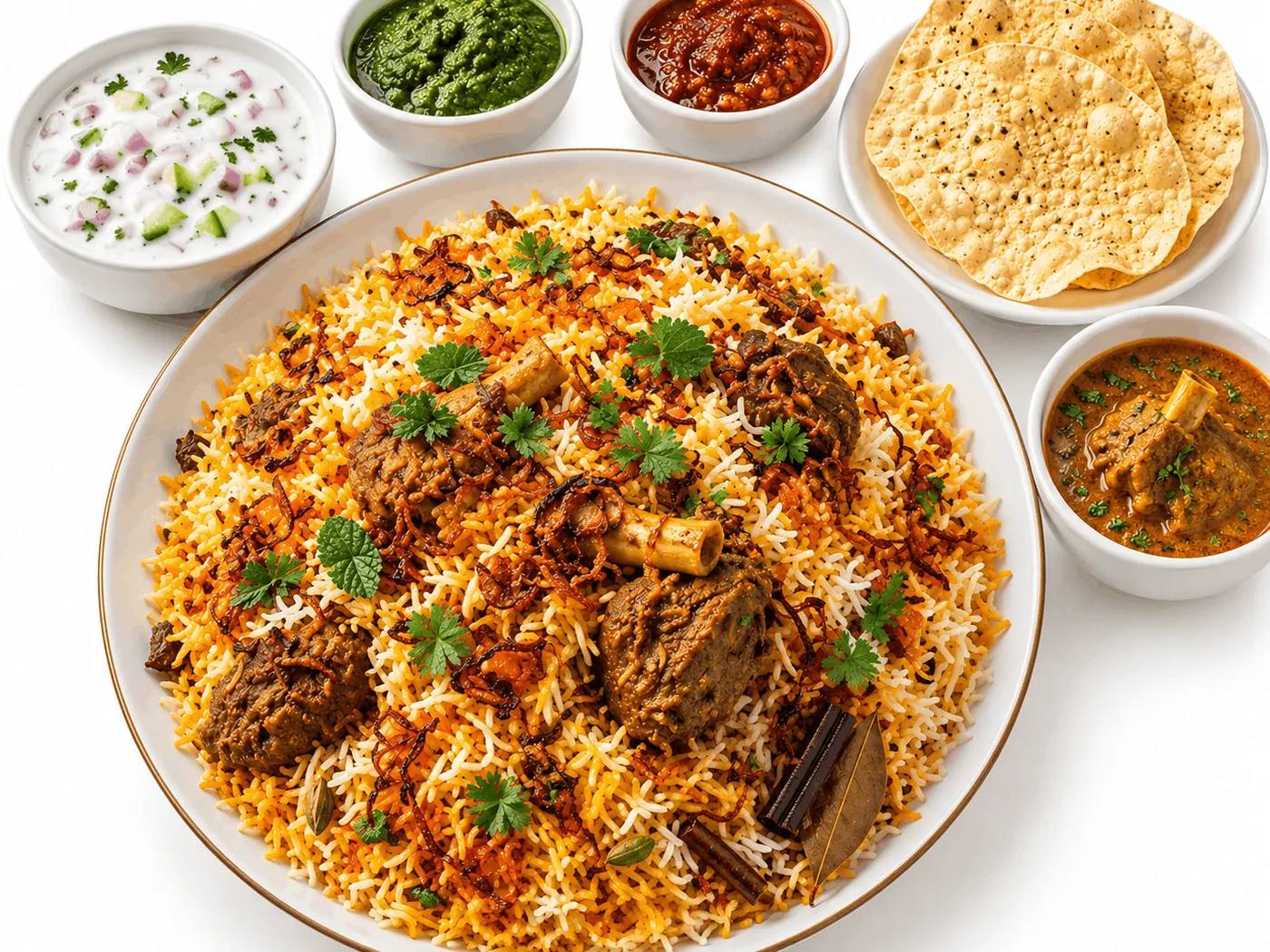 Mutton biriyani, rice and slow-cooked mutton together in one pot