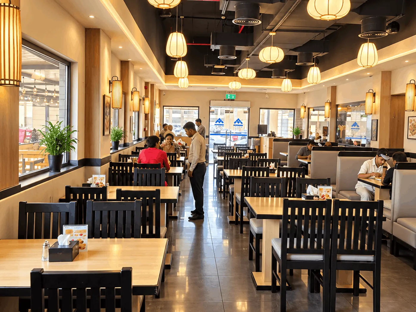 A set dining table with chairs under warm pendant light in the King Chef dining room