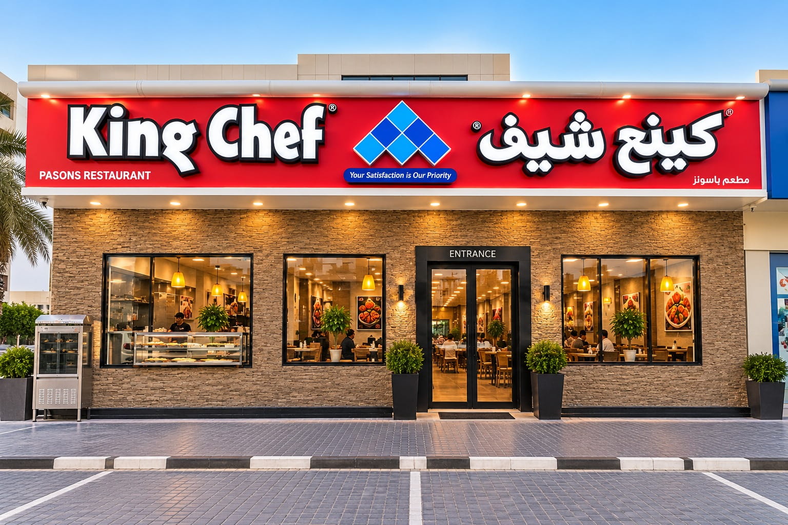 King Chef Dubai Investment Park dining room with booth seating, warm cove lighting and a backlit gold brand wall
