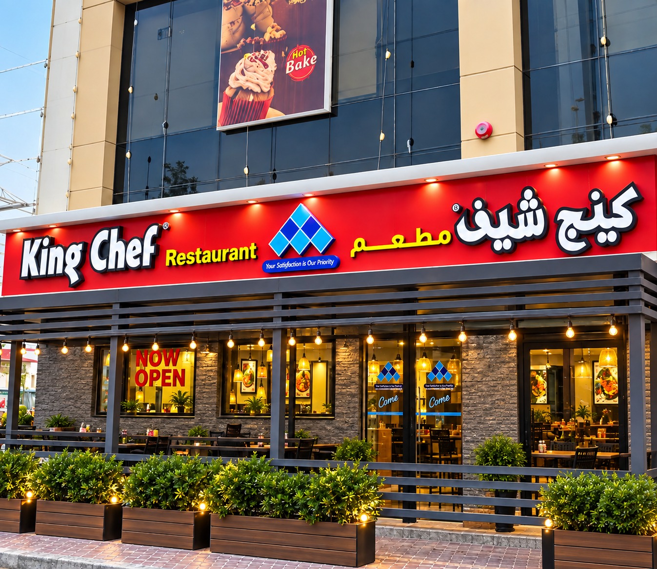 King Chef Al Qouz Industrial Area - Pasons 17 dining hall with a wood slat ceiling, gold patterned screen wall and dark green upholstered seating