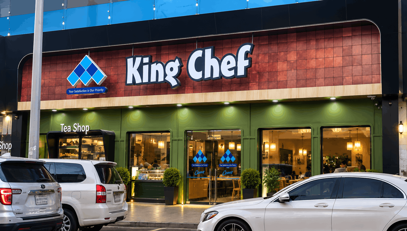 King Chef Muhaisinah dining room with a backlit gold brand wall, dark wood ceiling and green velvet banquettes